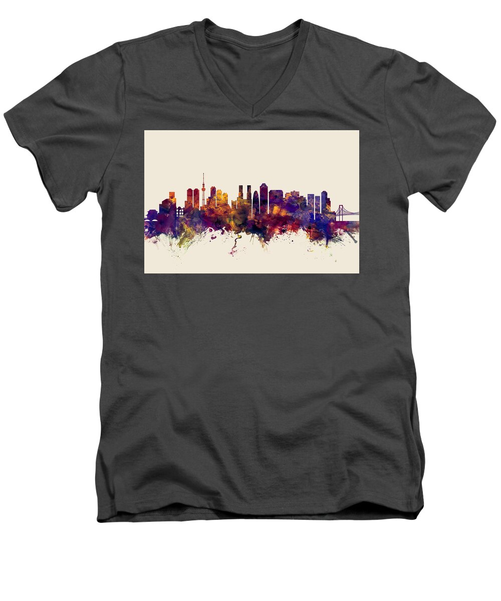 City Men's V-Neck T-Shirt featuring the digital art Tokyo Japan Skyline #4 by Michael Tompsett