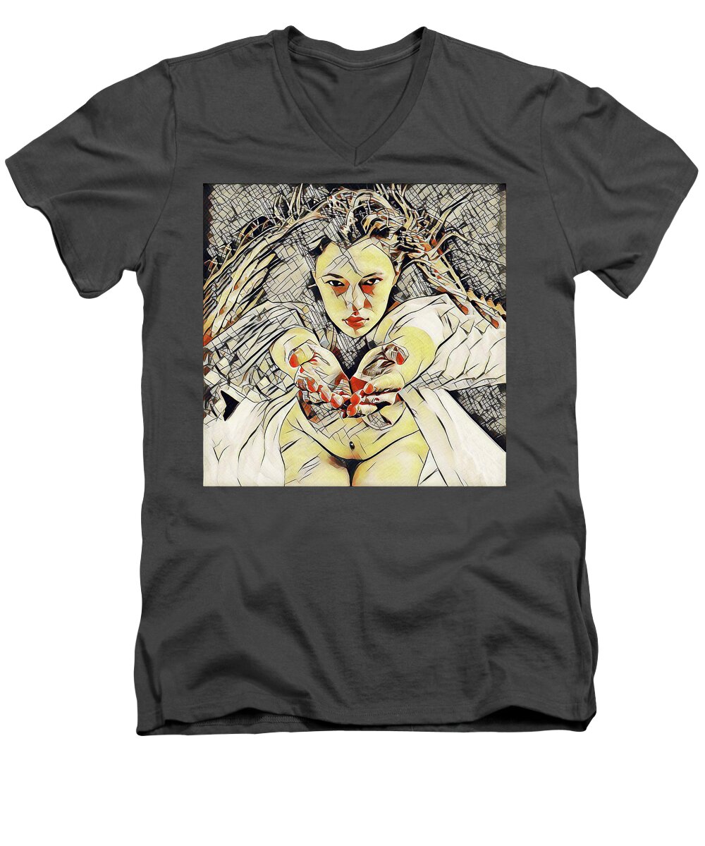 Succubus Men's V-Neck T-Shirt featuring the digital art 4448s-AB The Succubus Comes For You Erotica in the Style of Kandinsky by Chris Maher