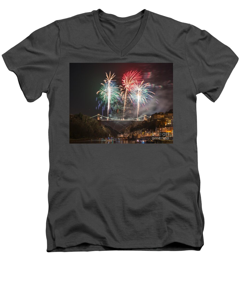 Fireworks Men's V-Neck T-Shirt featuring the photograph Clifton Suspension Bridge fireworks #5 by Colin Rayner