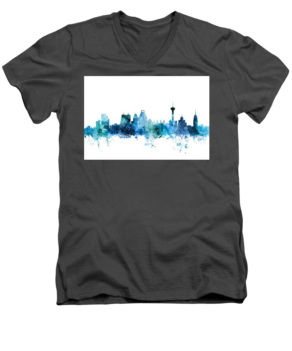 San Antonio Men's V-Neck T-Shirt featuring the digital art San Antonio Texas Skyline #6 by Michael Tompsett