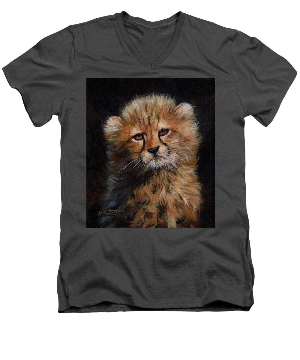 H Men's V-Neck T-Shirt featuring the painting Cheetah Cub #7 by David Stribbling
