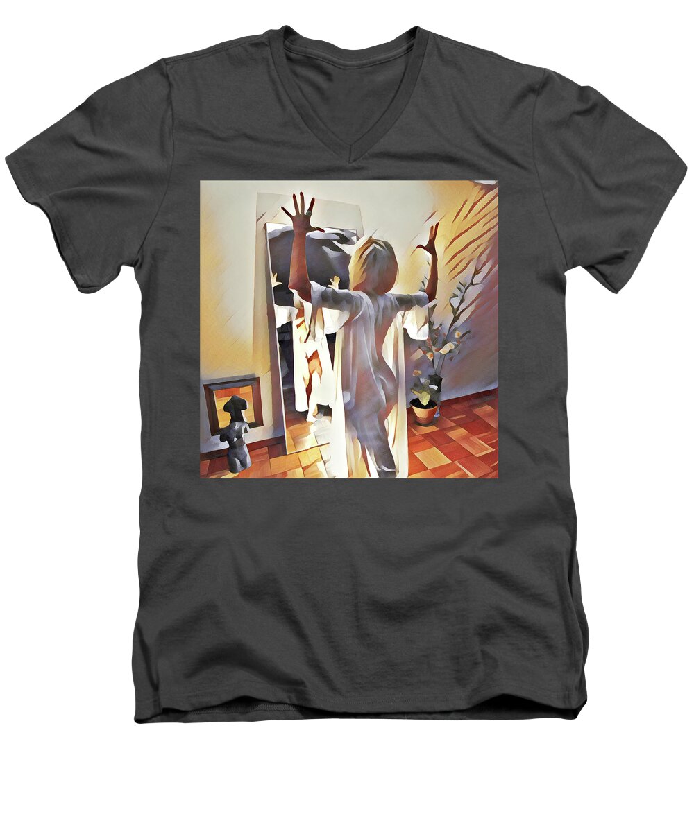 Woman Men's V-Neck T-Shirt featuring the digital art 9906s-DM Woman Confronts Herself in Mirror by Chris Maher