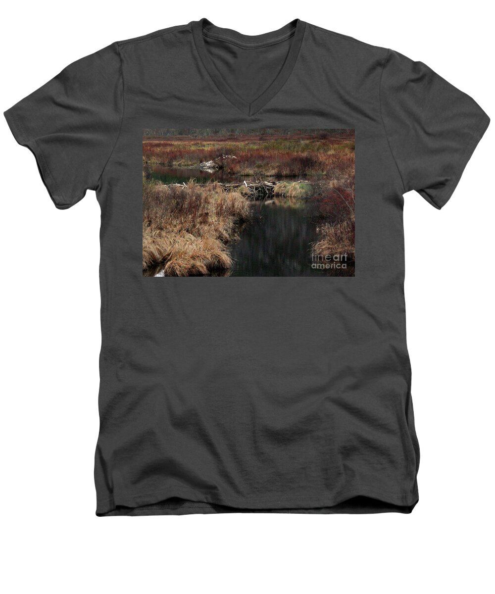 Nature Men's V-Neck T-Shirt featuring the photograph A Beaver's Work by Skip Willits