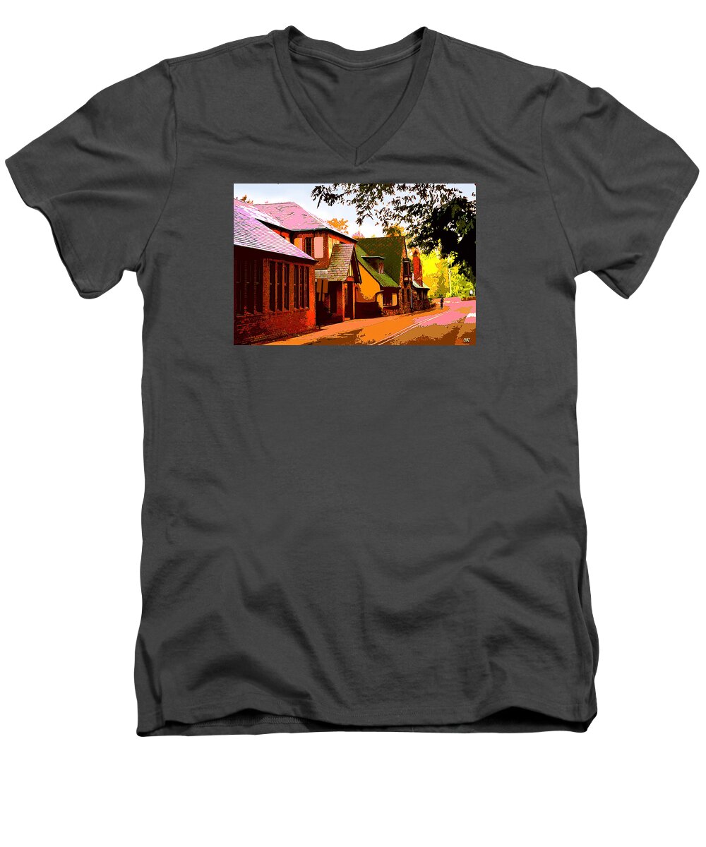 Cityscape Men's V-Neck T-Shirt featuring the painting A Bicyclist on English Lane by CHAZ Daugherty
