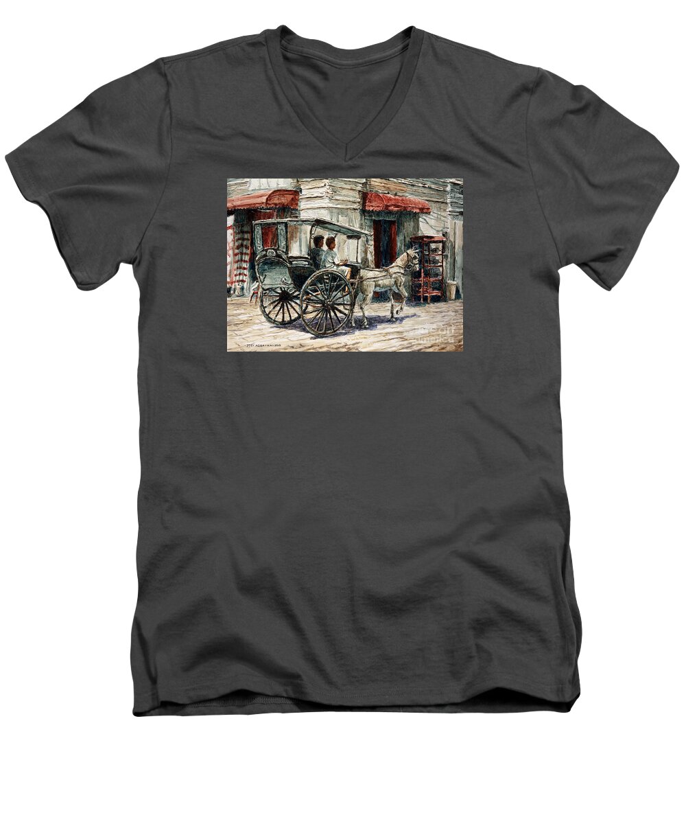 Crisologo Men's V-Neck T-Shirt featuring the painting A Carriage on Crisologo Street by Joey Agbayani