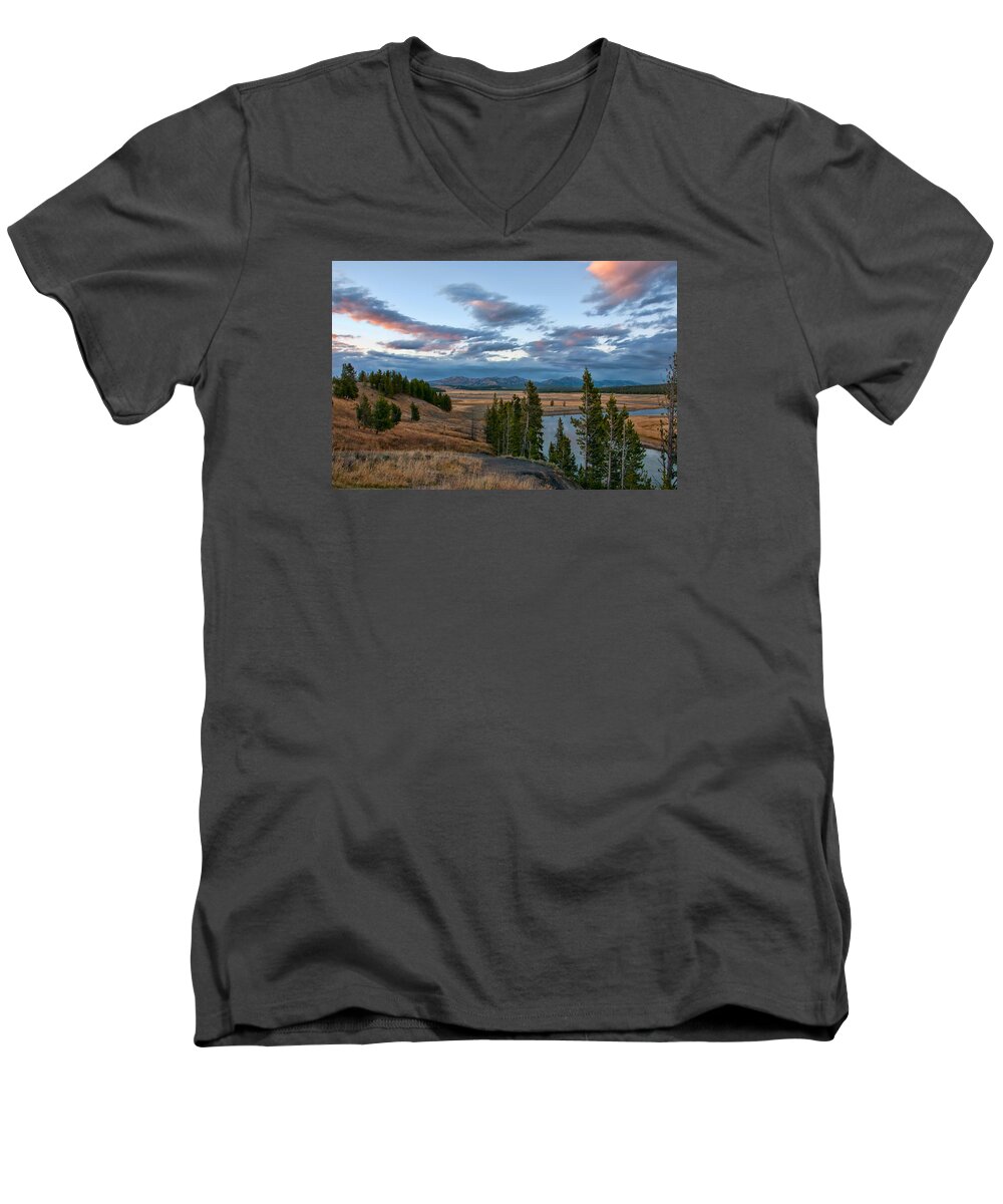Grand Teton Men's V-Neck T-Shirt featuring the photograph A Fall Evening in Hayden Valley by Steve Stuller