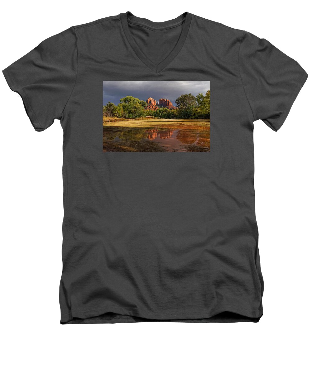 Cathedral Rock Men's V-Neck T-Shirt featuring the photograph A Light in Darkness by Leda Robertson