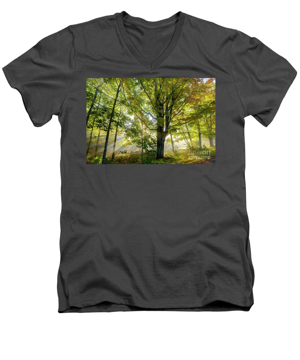 Misty Men's V-Neck T-Shirt featuring the photograph A Misty Fall Morning by Alana Ranney