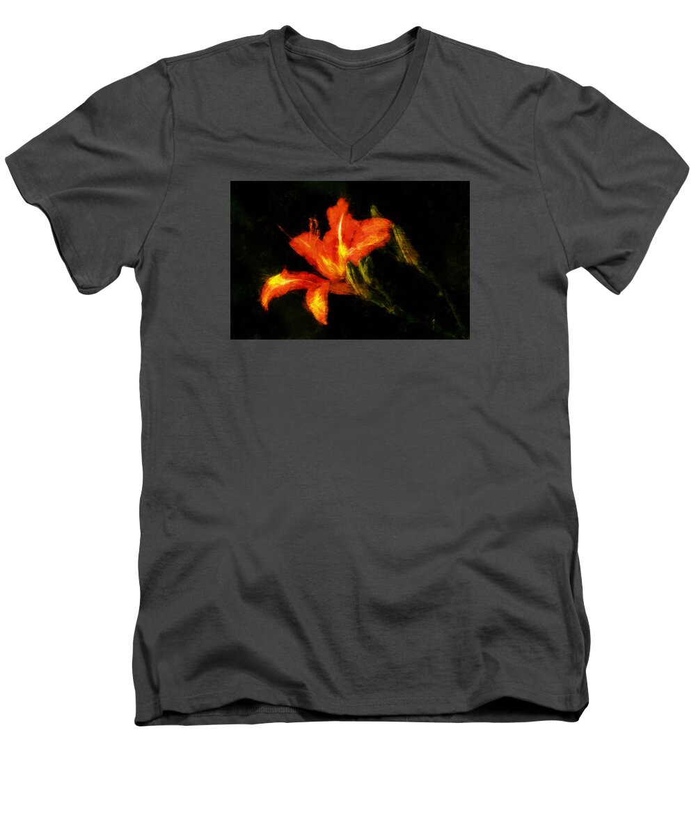 Flower Men's V-Neck T-Shirt featuring the digital art A Painted Lily by Cameron Wood
