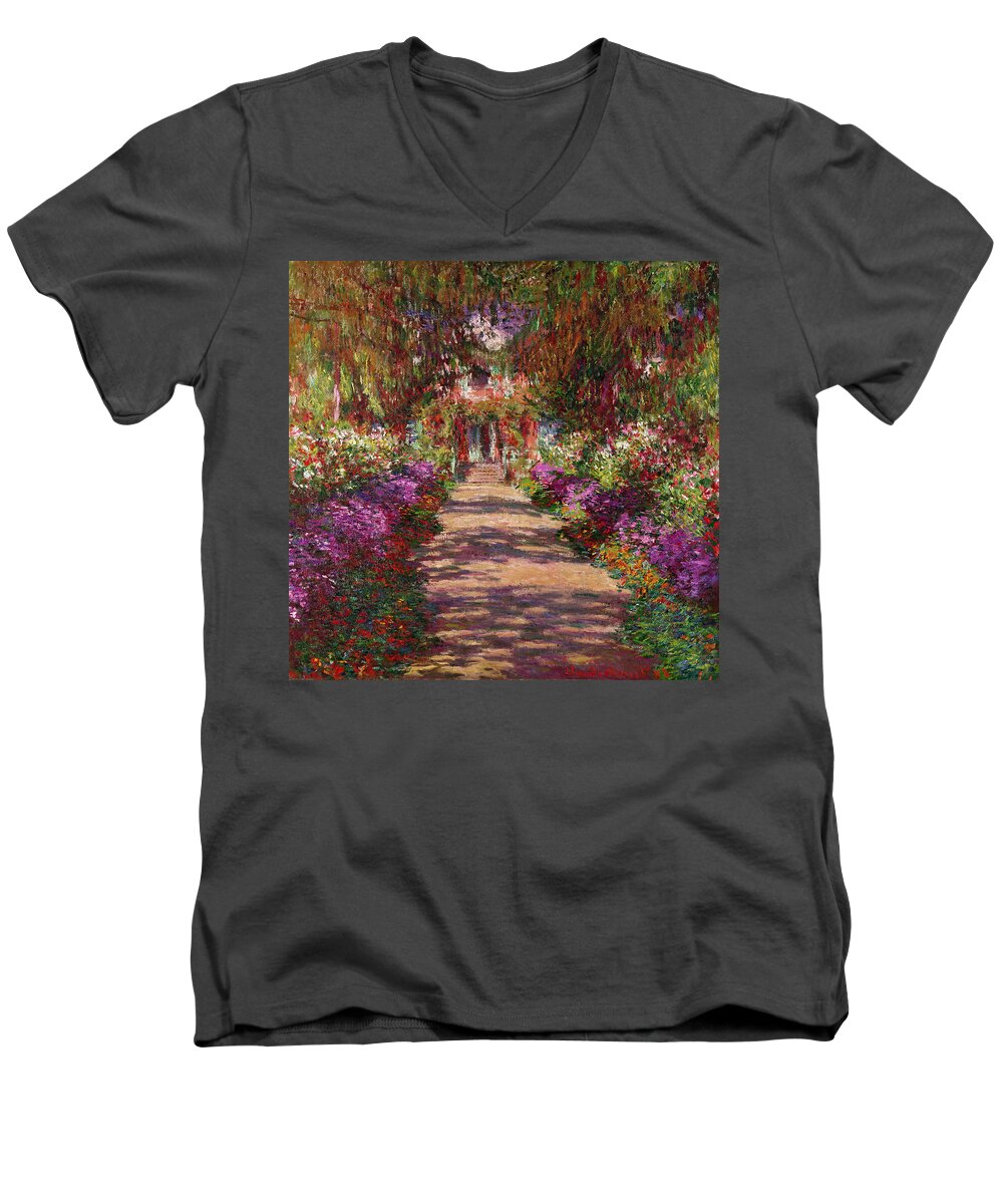#faatoppicks Men's V-Neck T-Shirt featuring the painting A Pathway in Monets Garden Giverny by Claude Monet