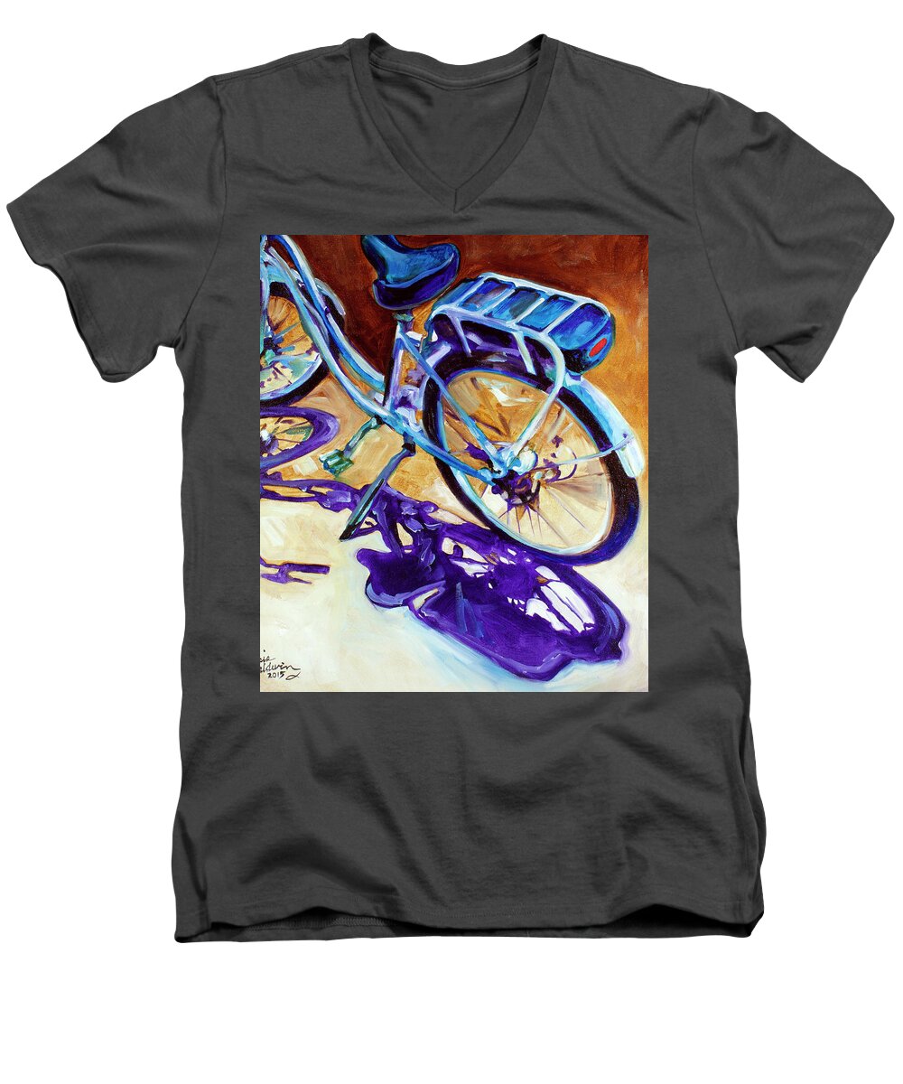 Bike Men's V-Neck T-Shirt featuring the painting A Pedego Cruiser Bike by Marcia Baldwin