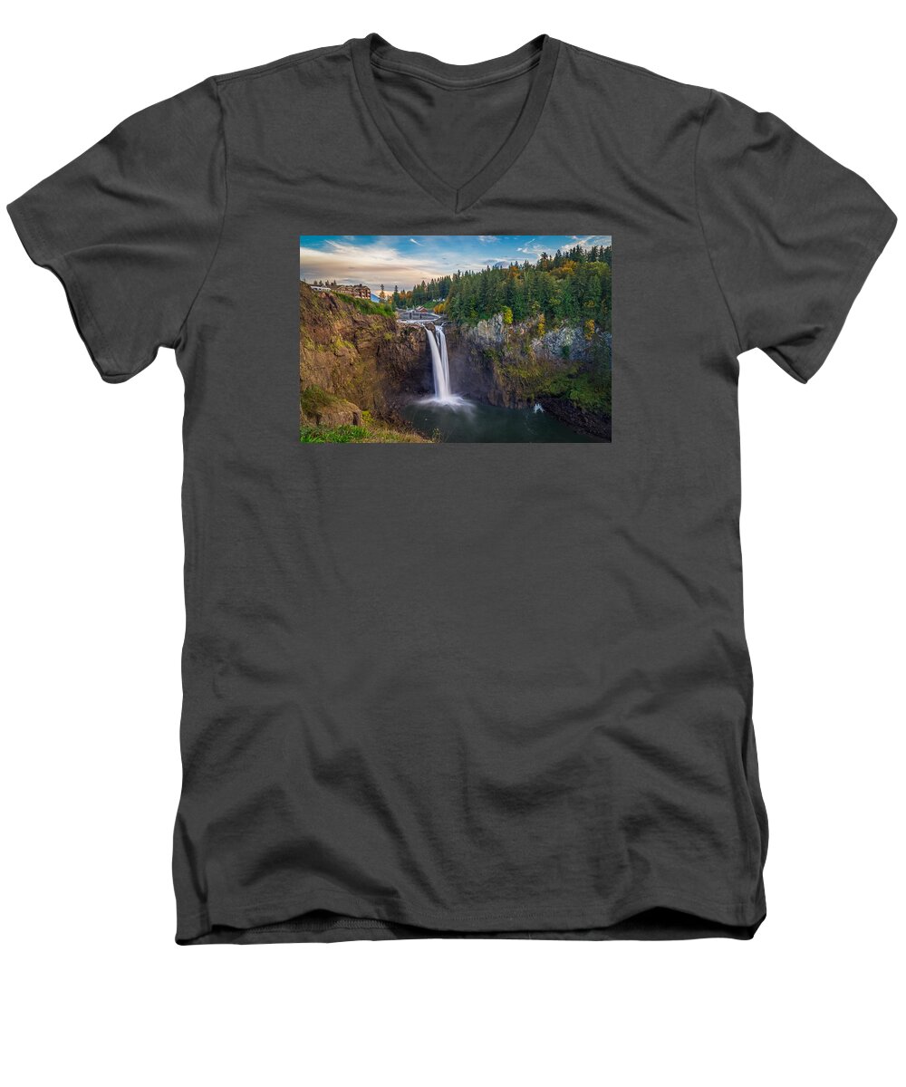 Waterfall Men's V-Neck T-Shirt featuring the photograph A Snoqualmie Falls Autumn by Ken Stanback