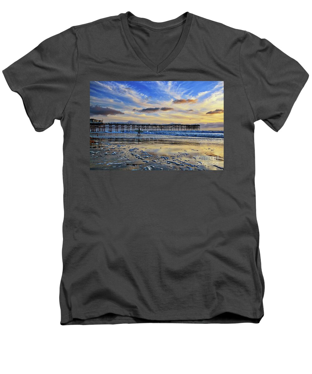 Pacific Beach Men's V-Neck T-Shirt featuring the photograph A surfer heads home under a cloudy sunset at Crystal Pier by Sam Antonio