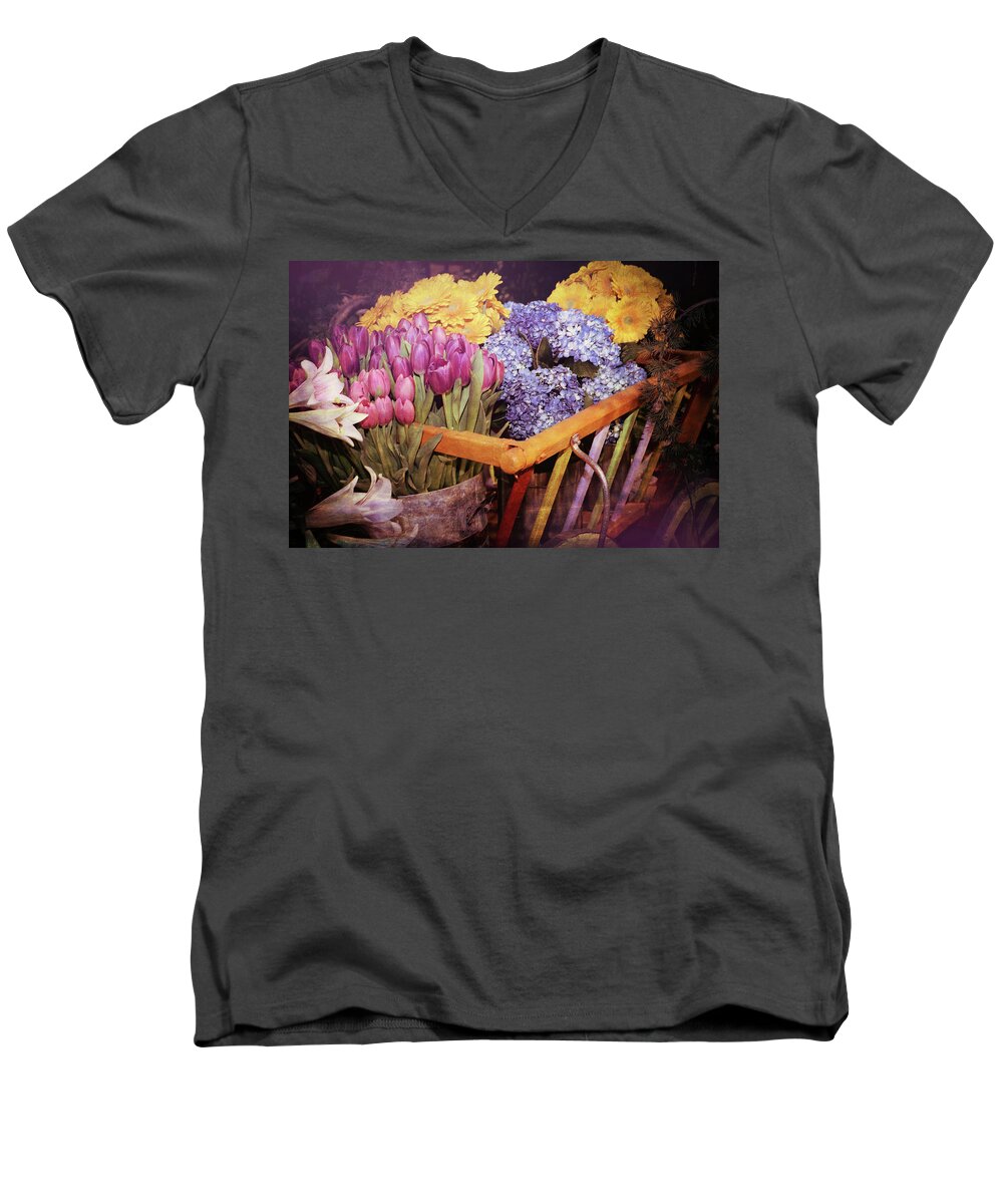 Floral Men's V-Neck T-Shirt featuring the digital art A Wagon Full of Spring by Patrice Zinck