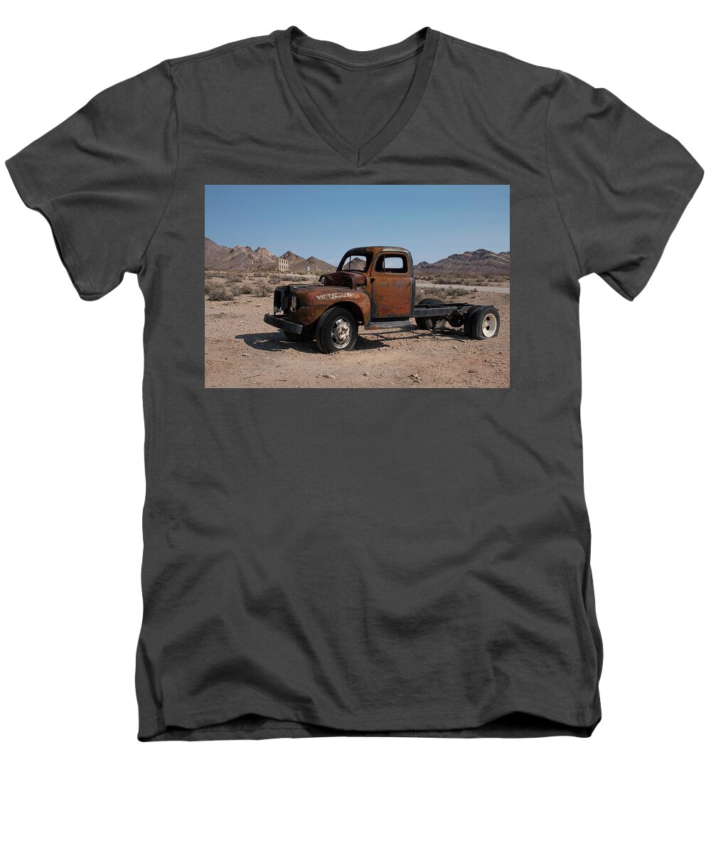 Rhyolite Men's V-Neck T-Shirt featuring the photograph Abandoned in Rhyolite by Kristia Adams