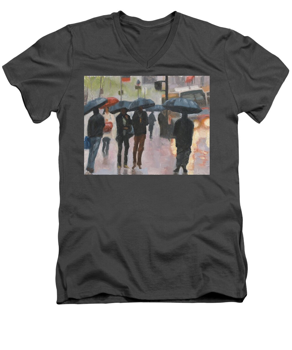 Rain Men's V-Neck T-Shirt featuring the painting About town by Tate Hamilton