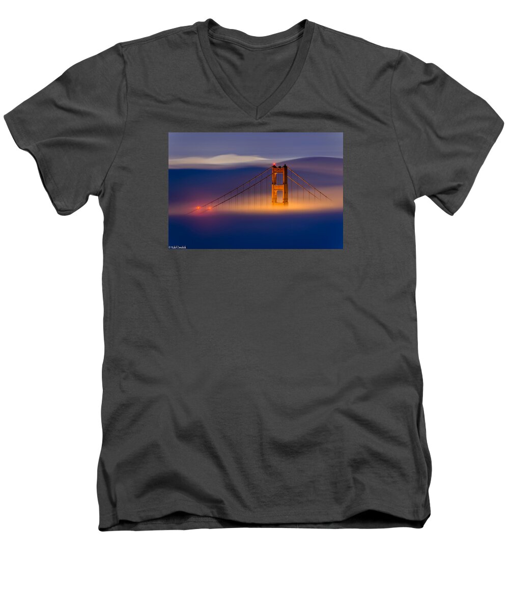 Golden Gate Bridge Men's V-Neck T-Shirt featuring the photograph Above the Fog by Mike Ronnebeck