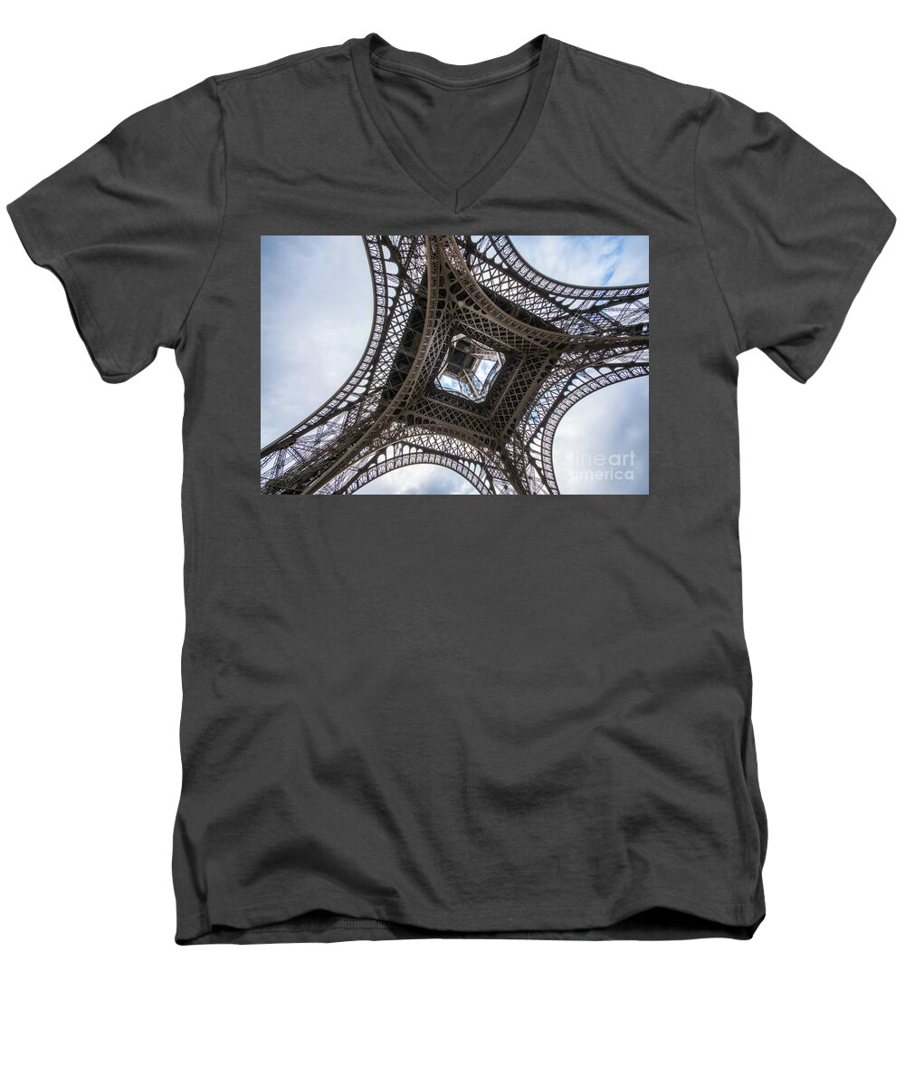  Eiffel Tower Men's V-Neck T-Shirt featuring the photograph Abstract Eiffel Tower Looking Up 2 by Mike Reid