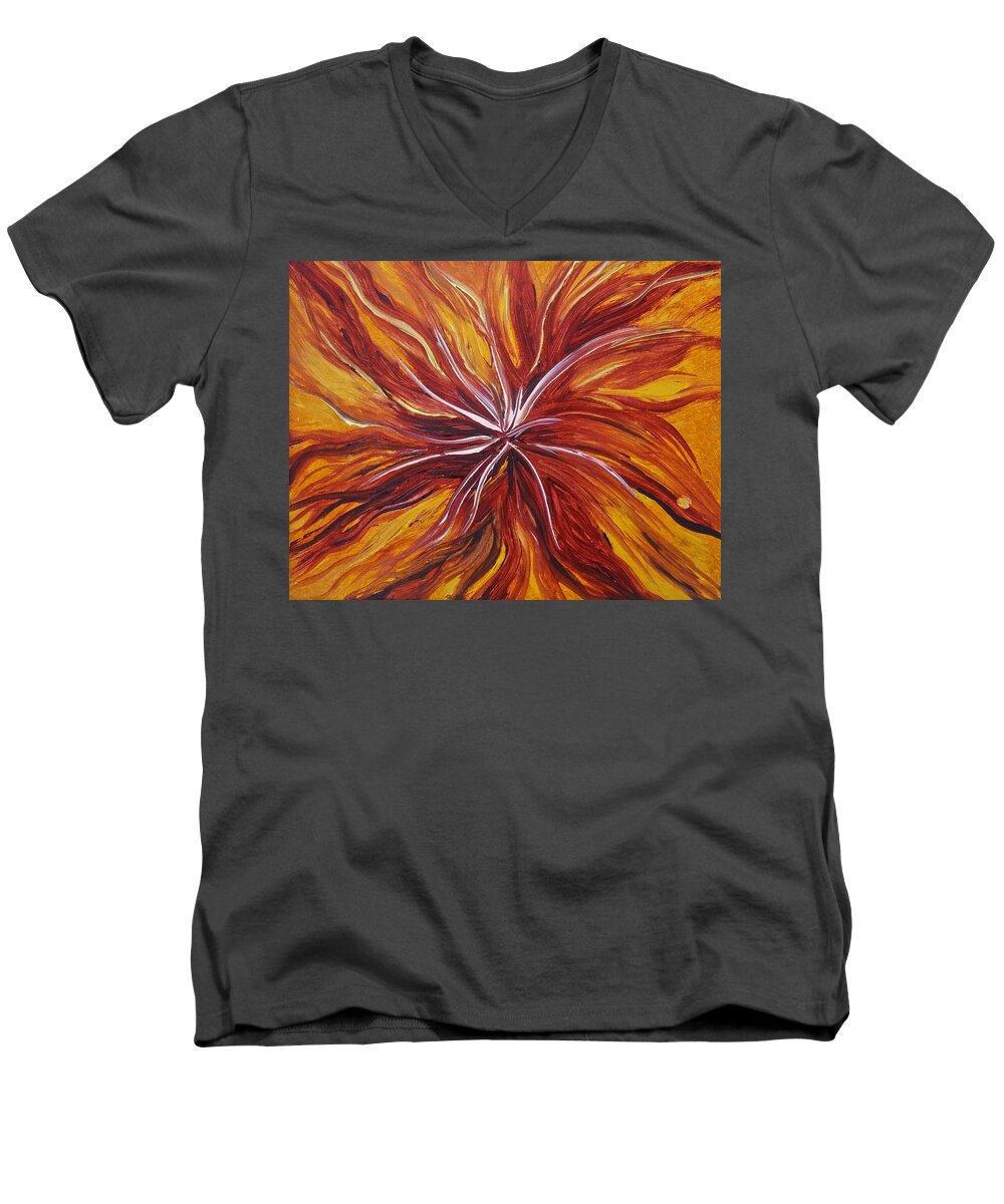 Abstract Men's V-Neck T-Shirt featuring the painting Abstract Orange Flower by Michelle Pier