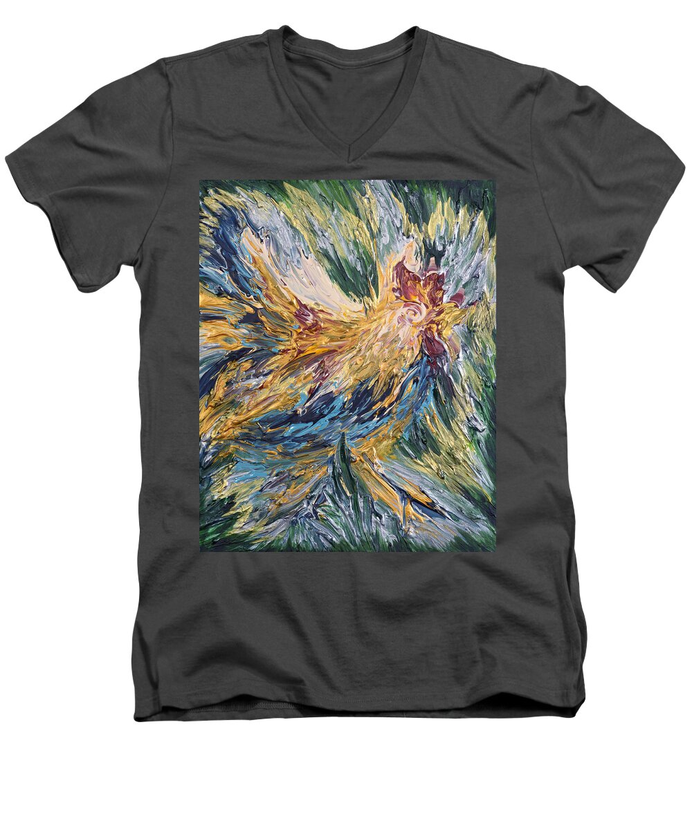 Abstract Men's V-Neck T-Shirt featuring the painting Abstract Guam Rooster by Michelle Pier