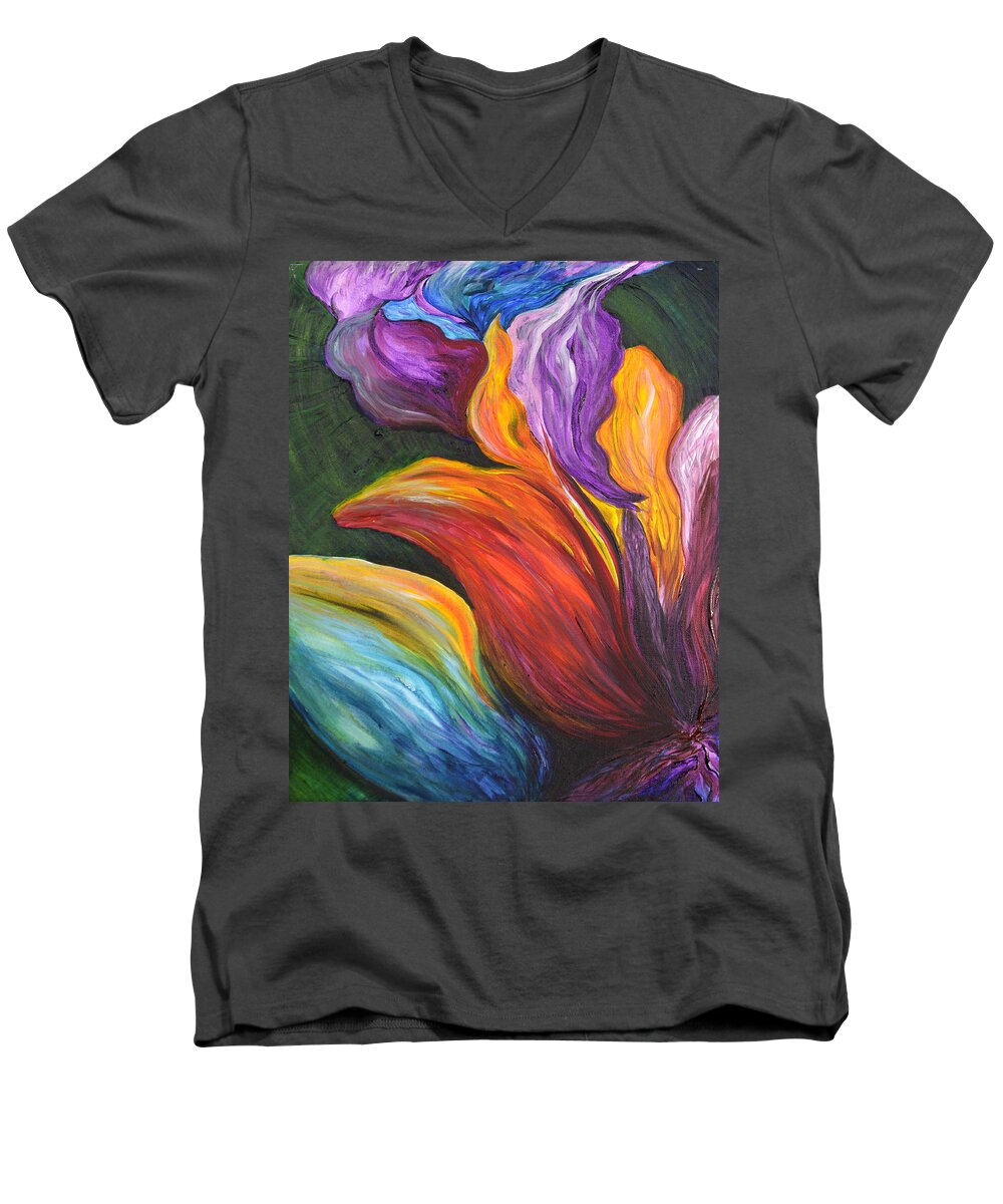 Abstract Men's V-Neck T-Shirt featuring the painting Abstract Vibrant Flowers by Michelle Pier