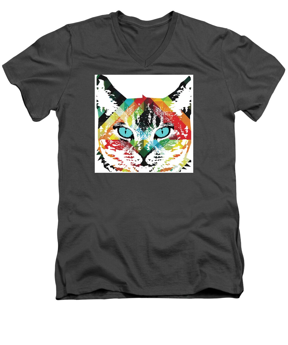 Cat Men's V-Neck T-Shirt featuring the painting Acid Cat Dream by Robert R by Robert R Splashy Art Abstract Paintings