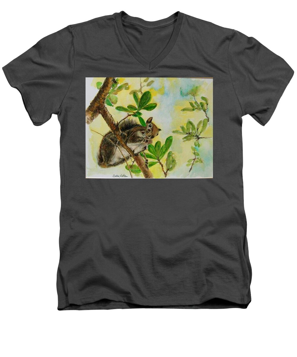 Squirrel Men's V-Neck T-Shirt featuring the painting Acorn Lunch by Bobby Walters