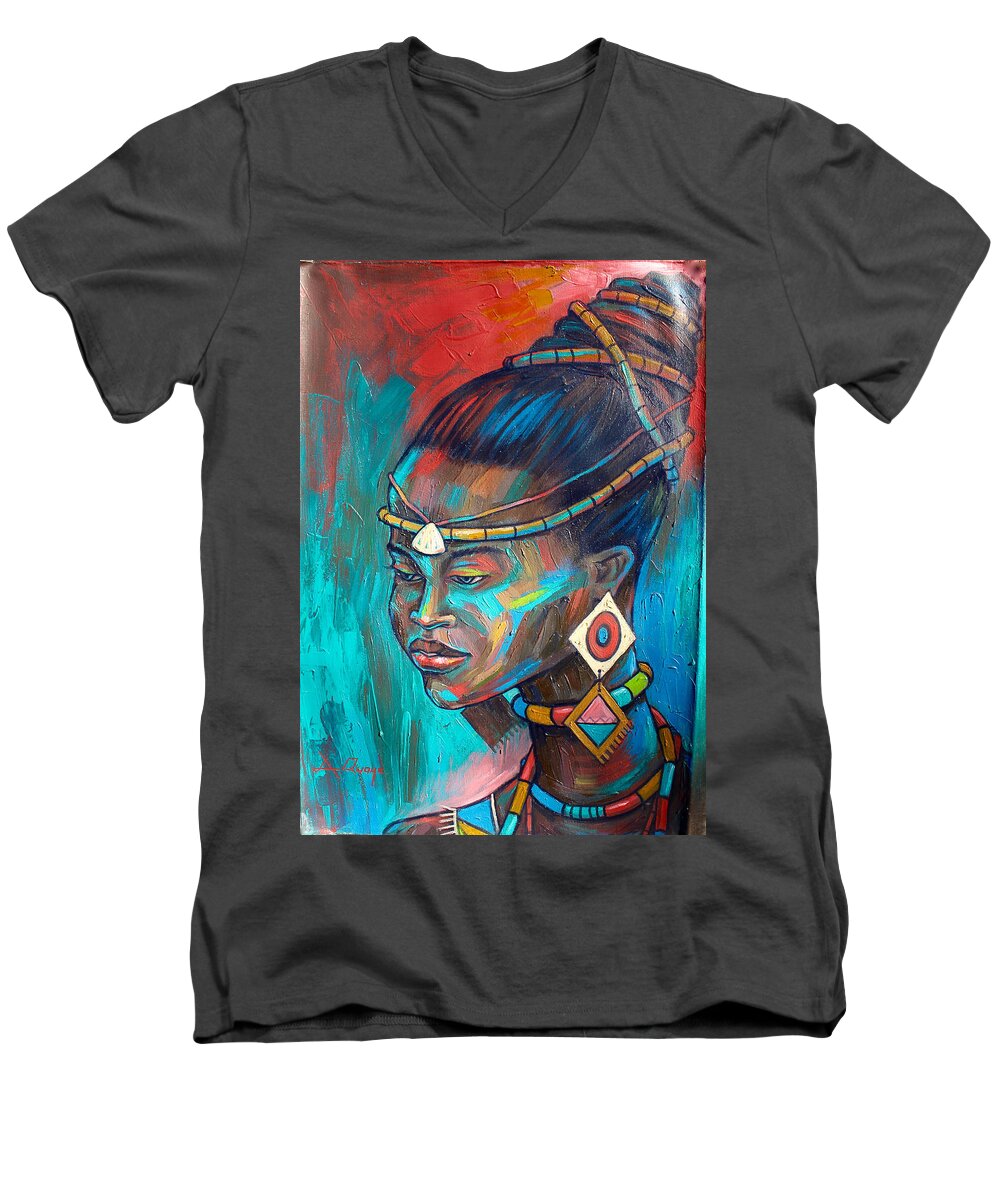 Africa Men's V-Neck T-Shirt featuring the painting African Princess by Amakai