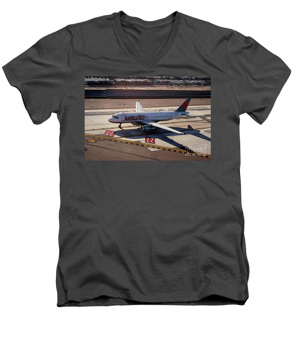 N621aw Men's V-Neck T-Shirt featuring the photograph Airbus A320-231 preparing for takeoff America West Airlines by Wernher Krutein