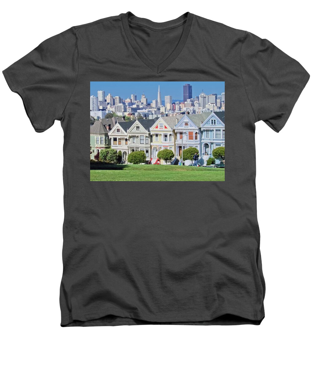 Pacific Heights Men's V-Neck T-Shirt featuring the photograph Alamo Square by Matthew Bamberg
