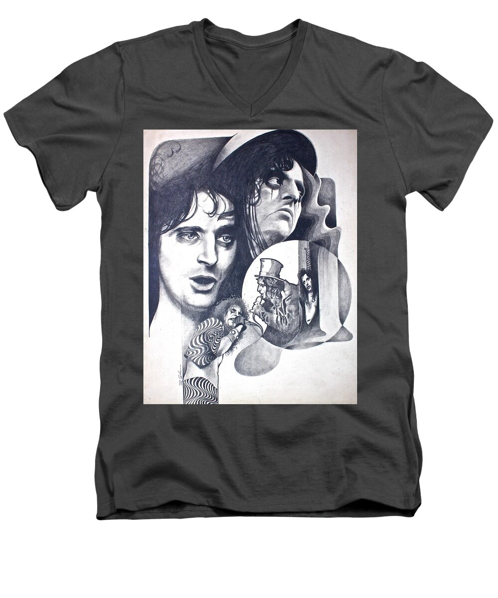 Pencil Drawing Men's V-Neck T-Shirt featuring the drawing Alice Cooper by Cliff Spohn