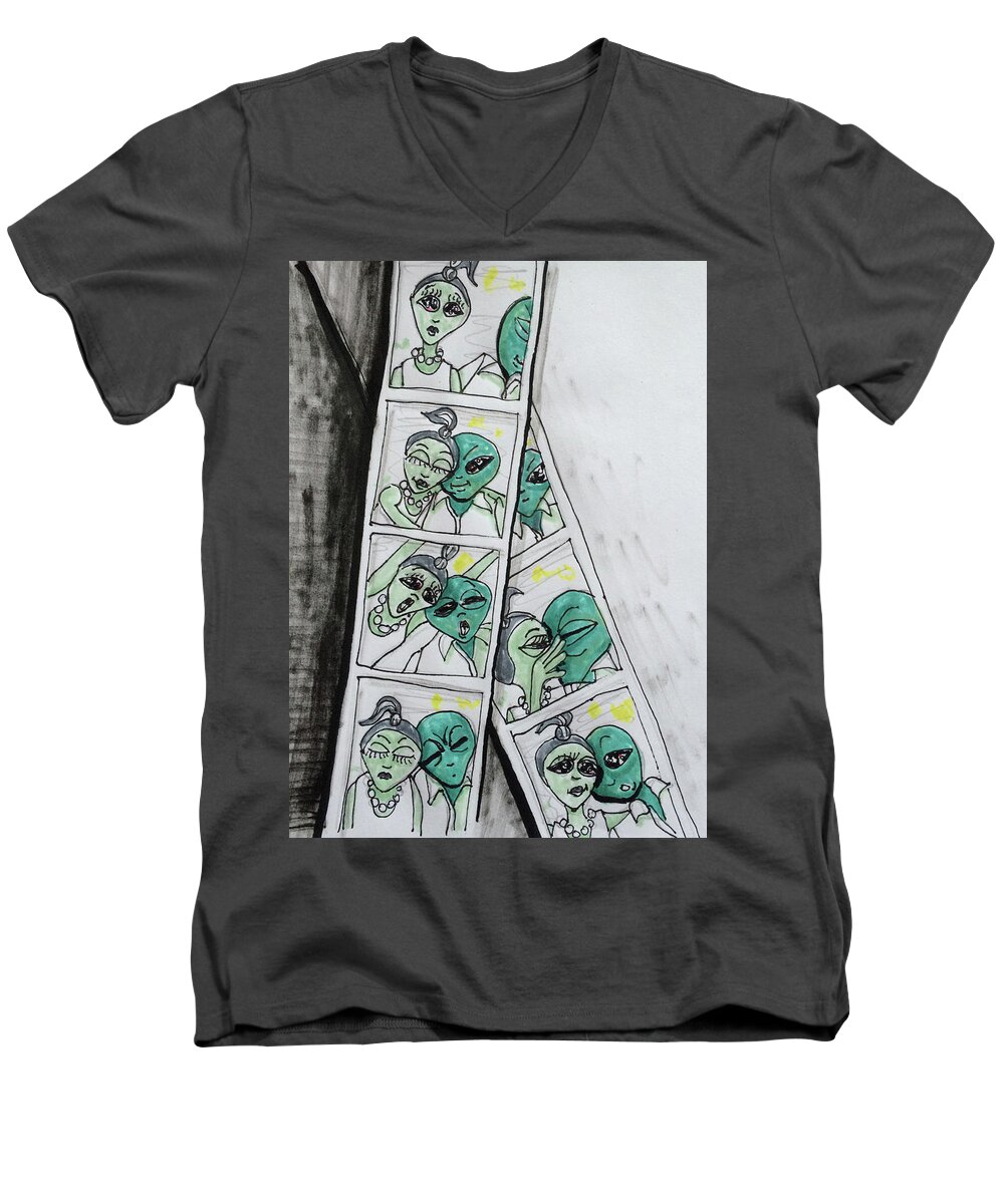 Photo Booth Men's V-Neck T-Shirt featuring the drawing alien Photo Booth by Similar Alien