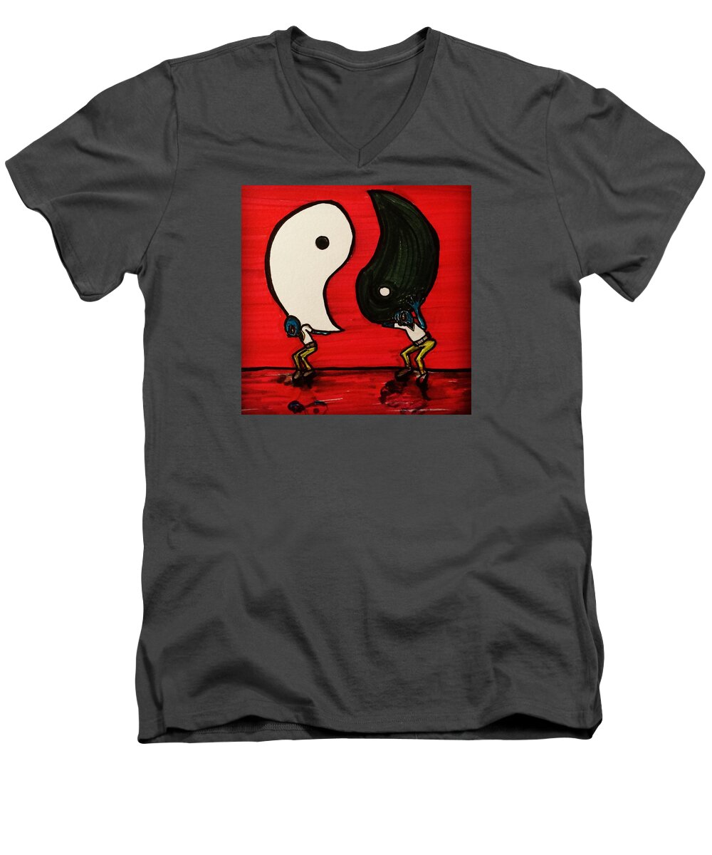 Yin Yang Men's V-Neck T-Shirt featuring the drawing Alien Struggles To Find Balance by Similar Alien