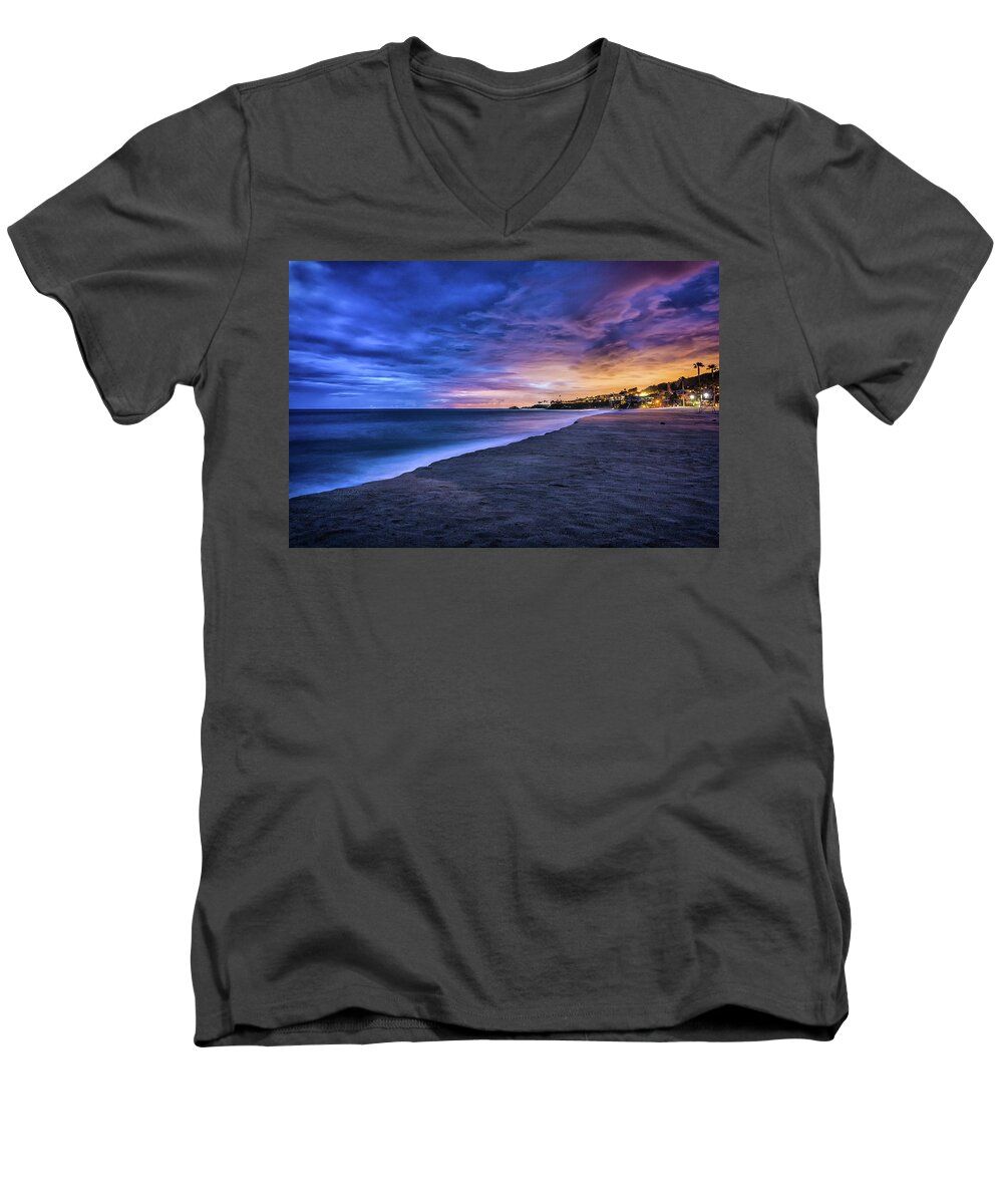 Beach Men's V-Neck T-Shirt featuring the photograph Aliso Beach Lights by Jason Roberts