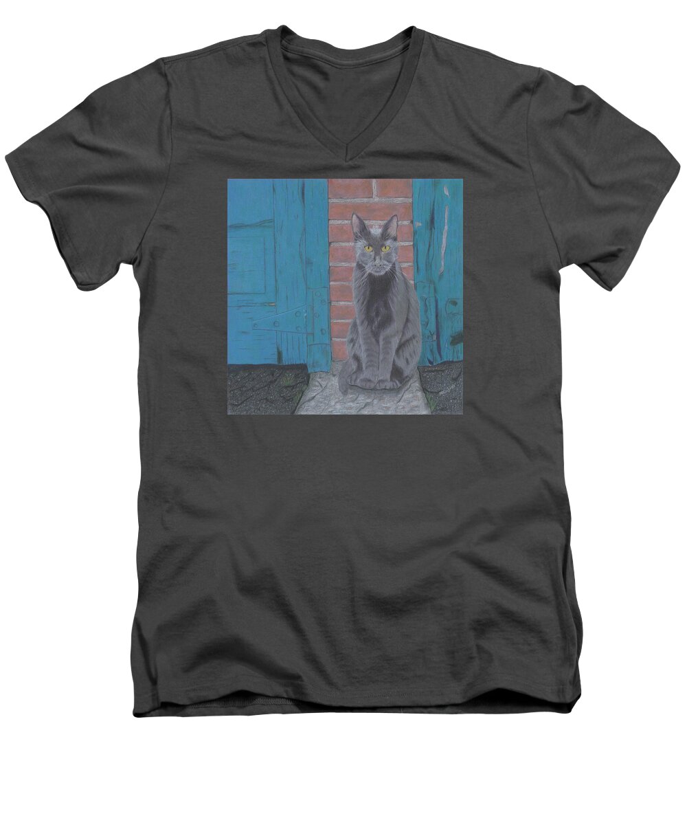 Cat Men's V-Neck T-Shirt featuring the drawing Alley Cat by Arlene Crafton