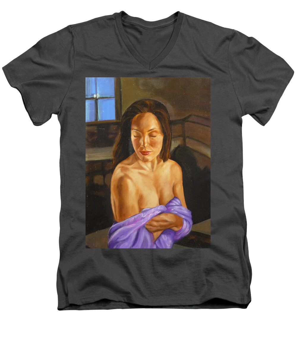 Semi-nude Men's V-Neck T-Shirt featuring the painting Allison three by Bryan Bustard
