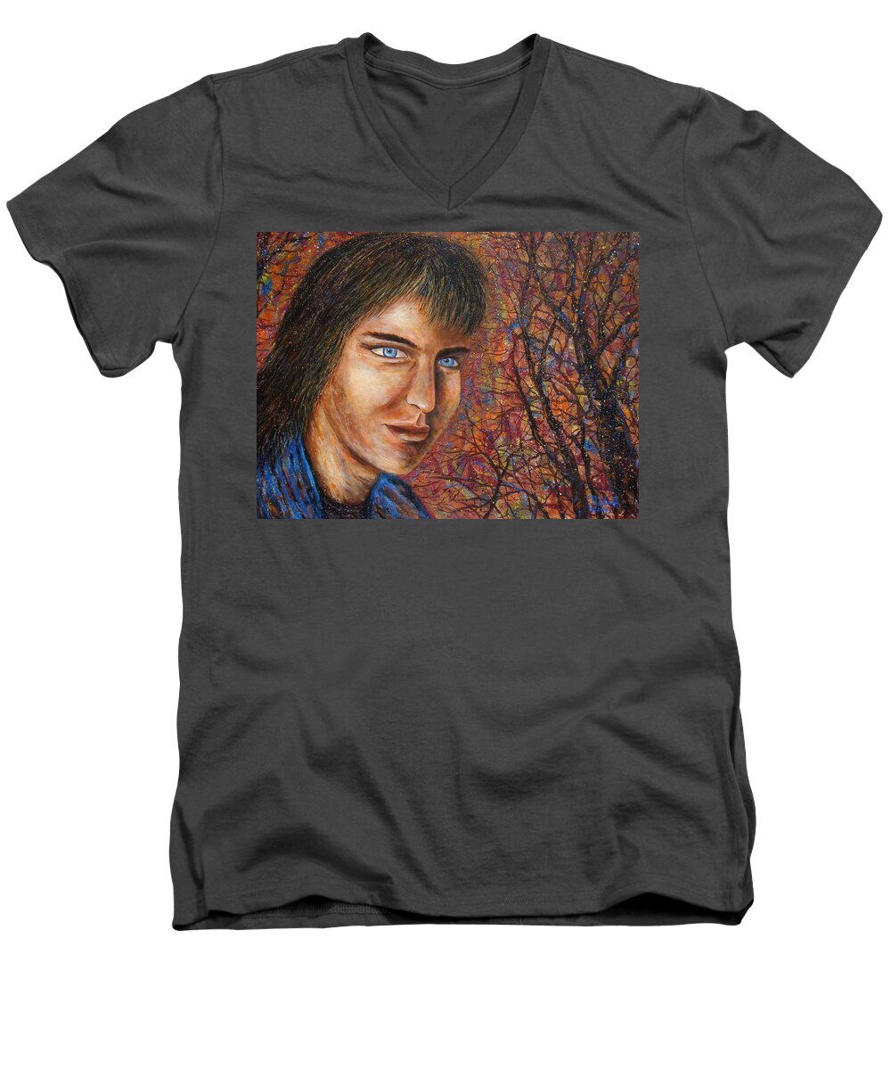 Colorful Autumn Men's V-Neck T-Shirt featuring the painting Amber Glow by Natalie Holland