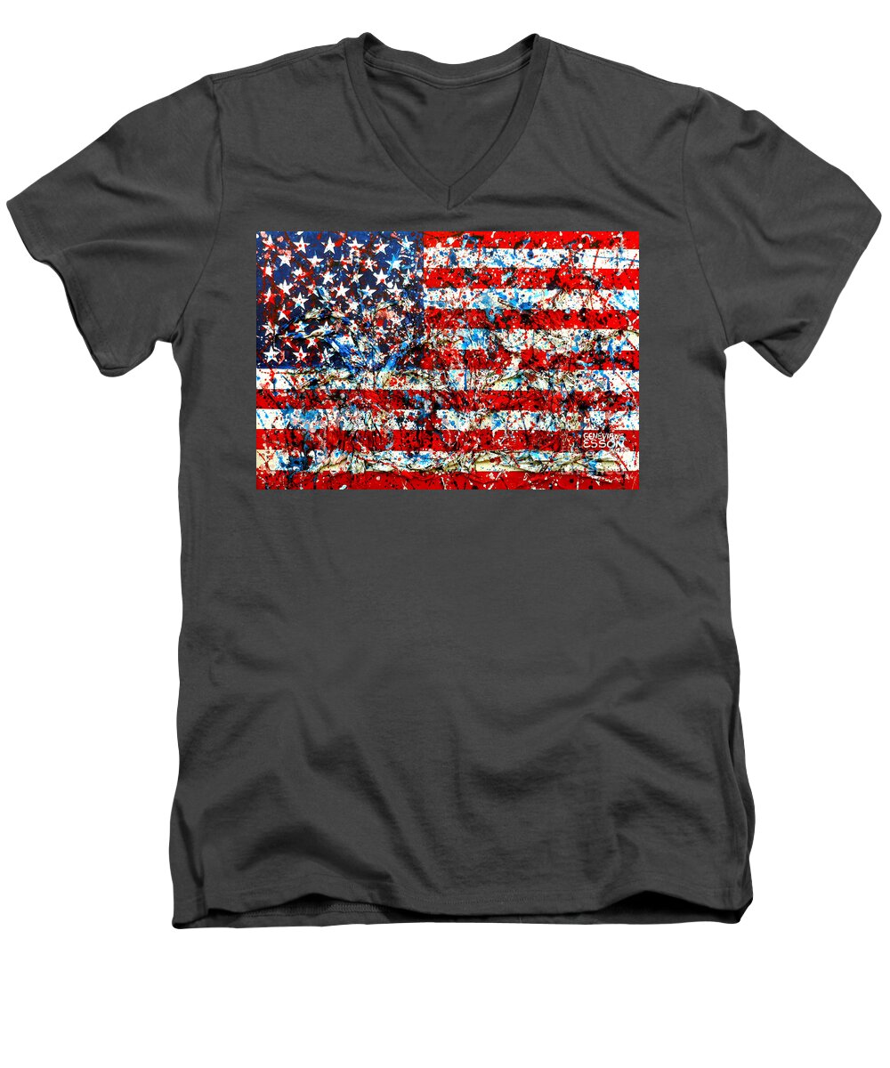 American Flag Men's V-Neck T-Shirt featuring the painting American Flag abstract With Trees by Genevieve Esson