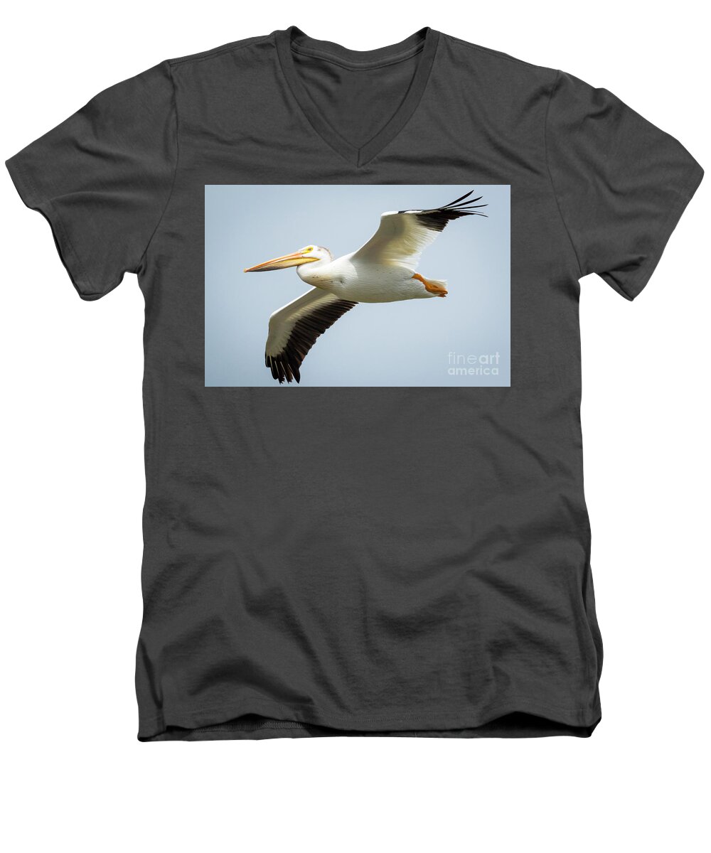 Canon Men's V-Neck T-Shirt featuring the photograph American White Pelican Flyby by Ricky L Jones