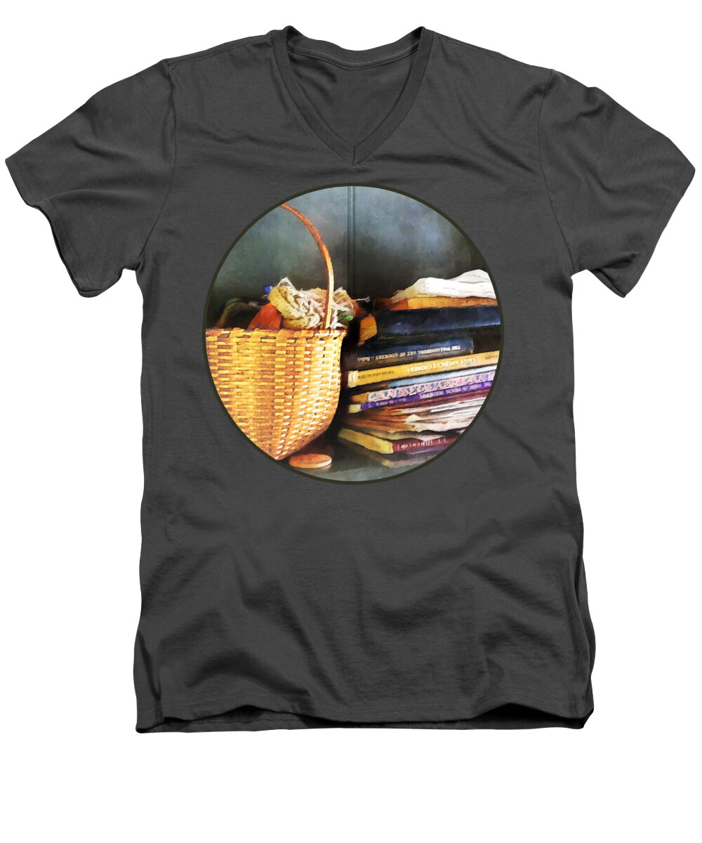 Book Men's V-Neck T-Shirt featuring the photograph Americana - Books Basket and Quills by Susan Savad