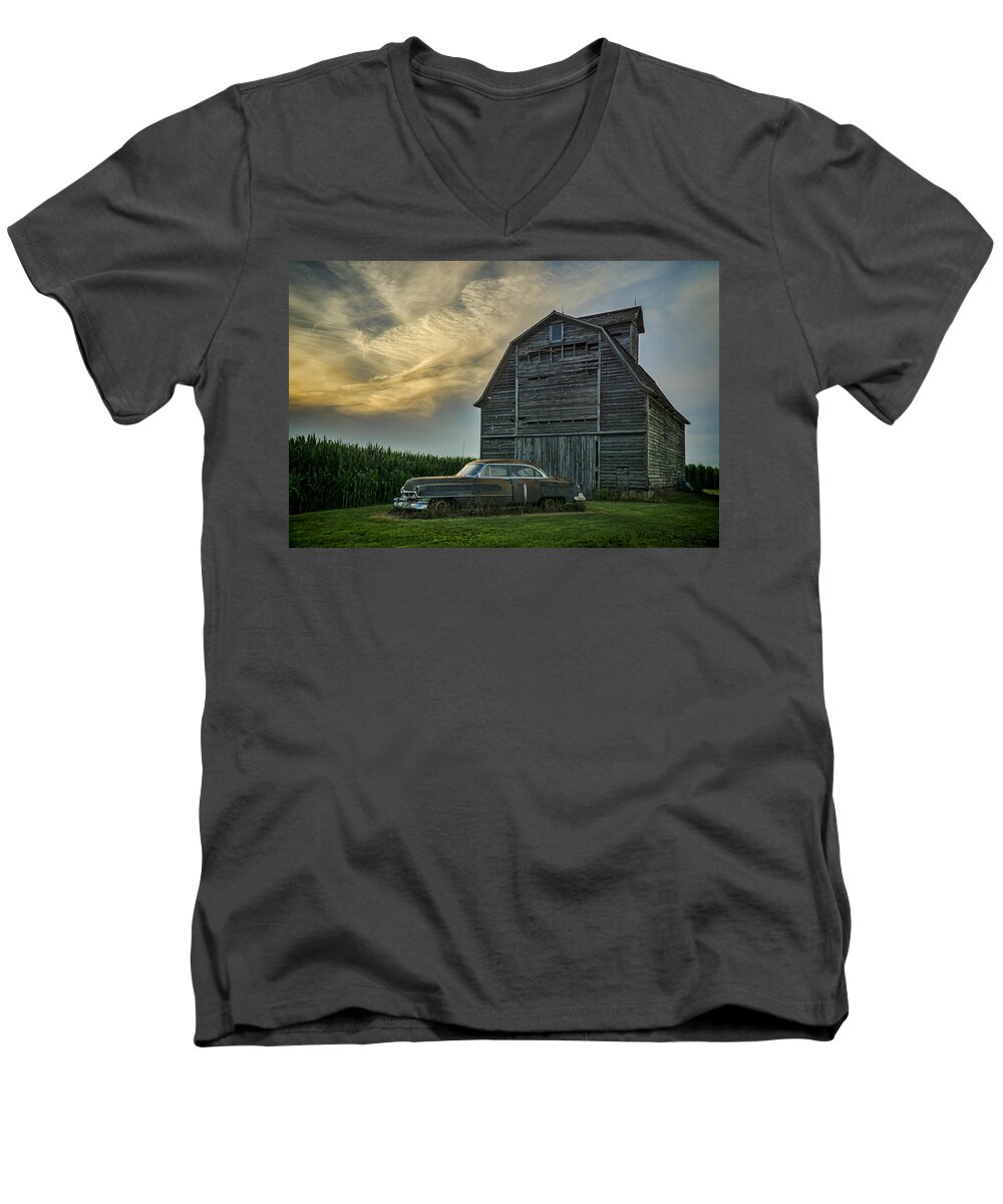 Cadillac Men's V-Neck T-Shirt featuring the photograph An Old Cadillac by a barn and cornfield by Sven Brogren