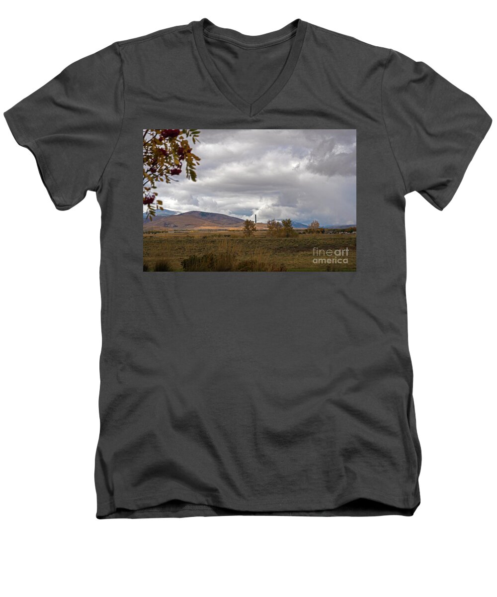 Anaconda Men's V-Neck T-Shirt featuring the photograph Anaconda Smelter Stack by Cindy Murphy - NightVisions