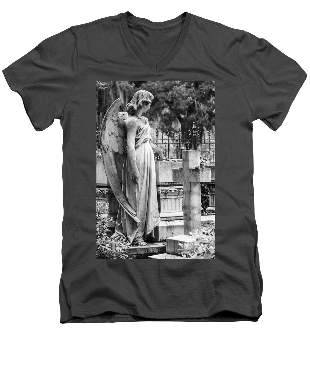 Steven Bateson Men's V-Neck T-Shirt featuring the photograph Angel With Cross Of Bonaventure Cemetery by Steven Bateson