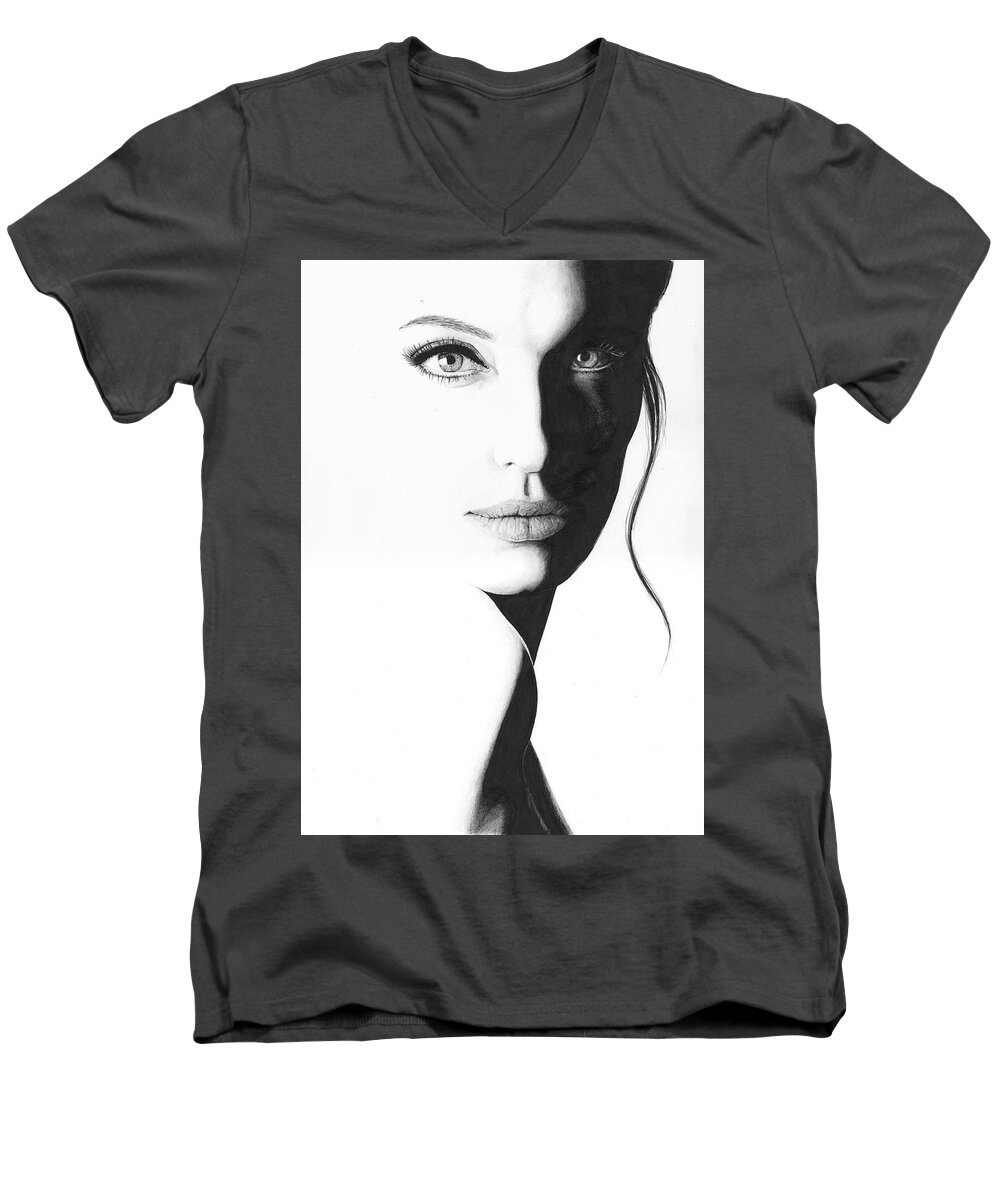 Celebrity Men's V-Neck T-Shirt featuring the drawing Angelina by Rob De Vries