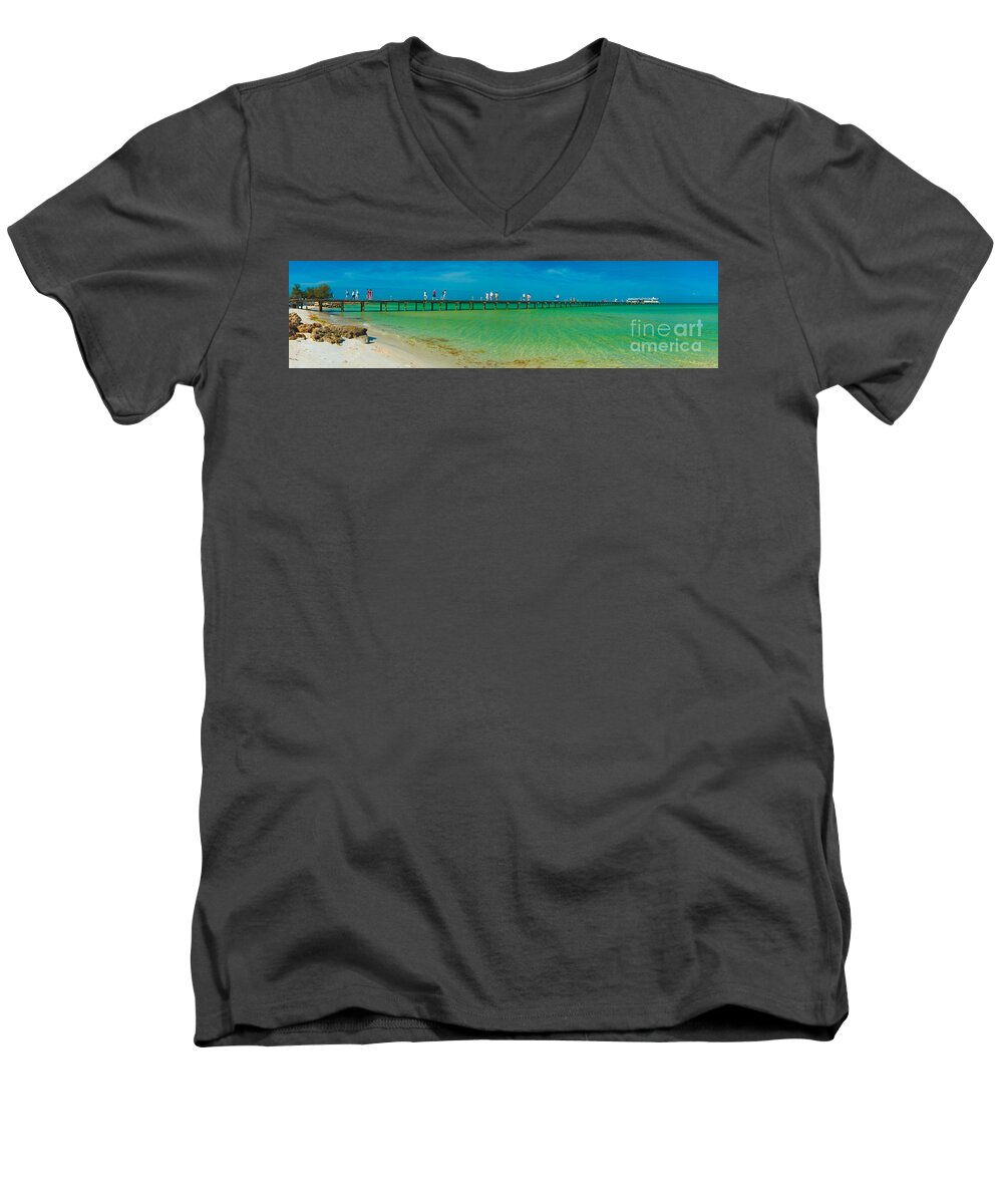 Island Men's V-Neck T-Shirt featuring the photograph Anna Maria Island Historic City Pier Panorama by Rolf Bertram