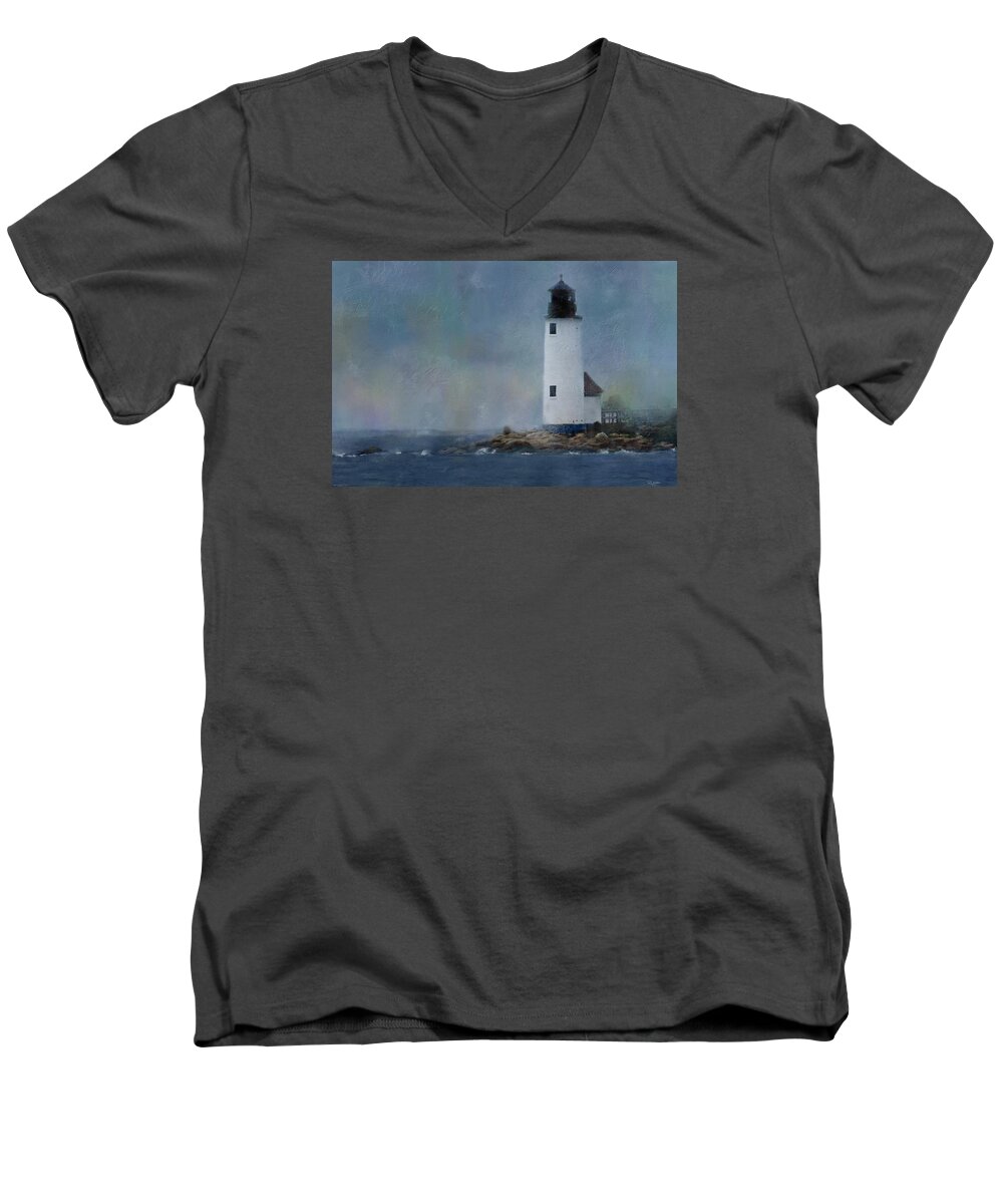 Lighthouse Men's V-Neck T-Shirt featuring the digital art Anisquam Rain by Sand And Chi