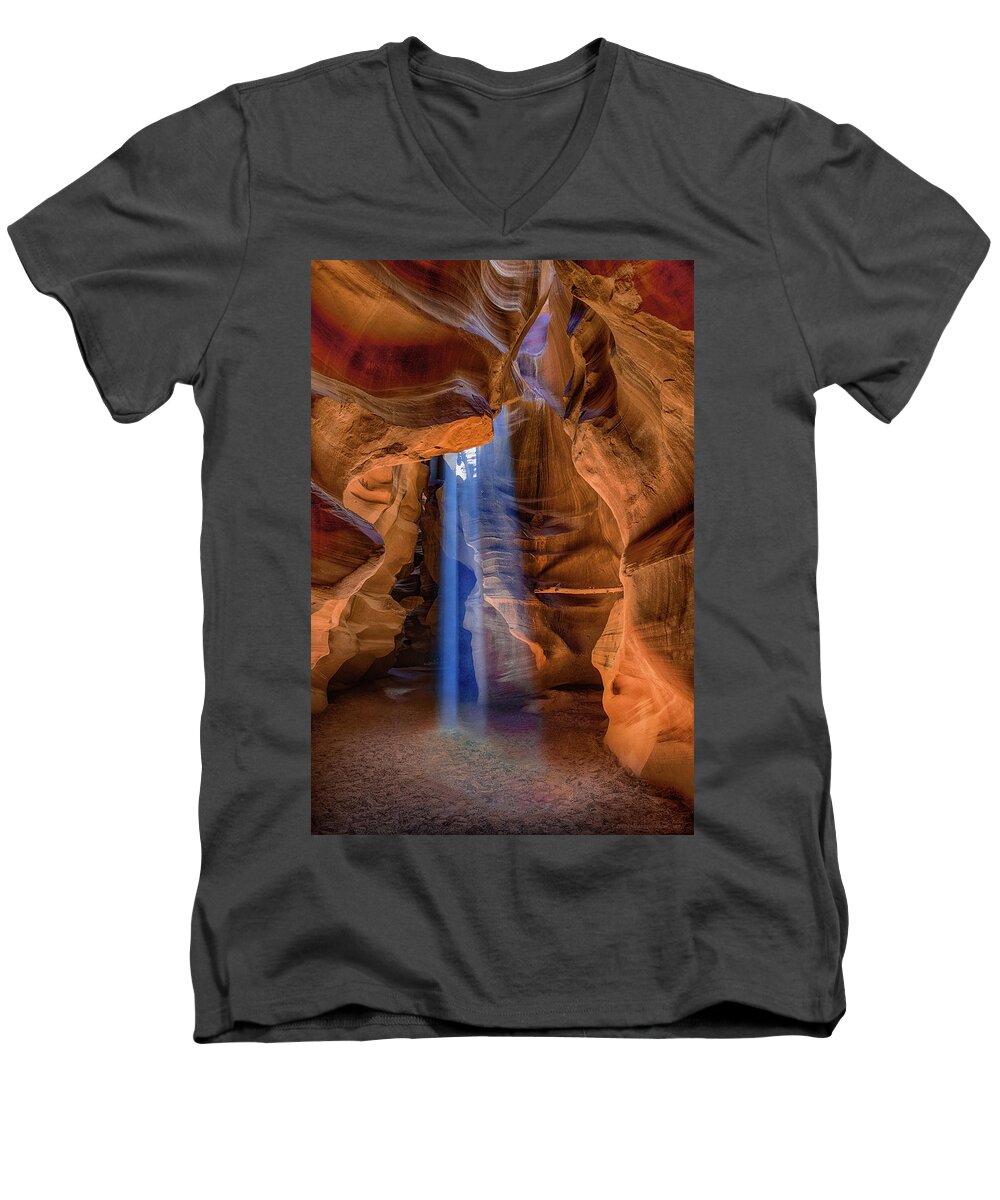 Antelope Canyon Men's V-Neck T-Shirt featuring the photograph Antelope Canyon Blues by Phil Abrams