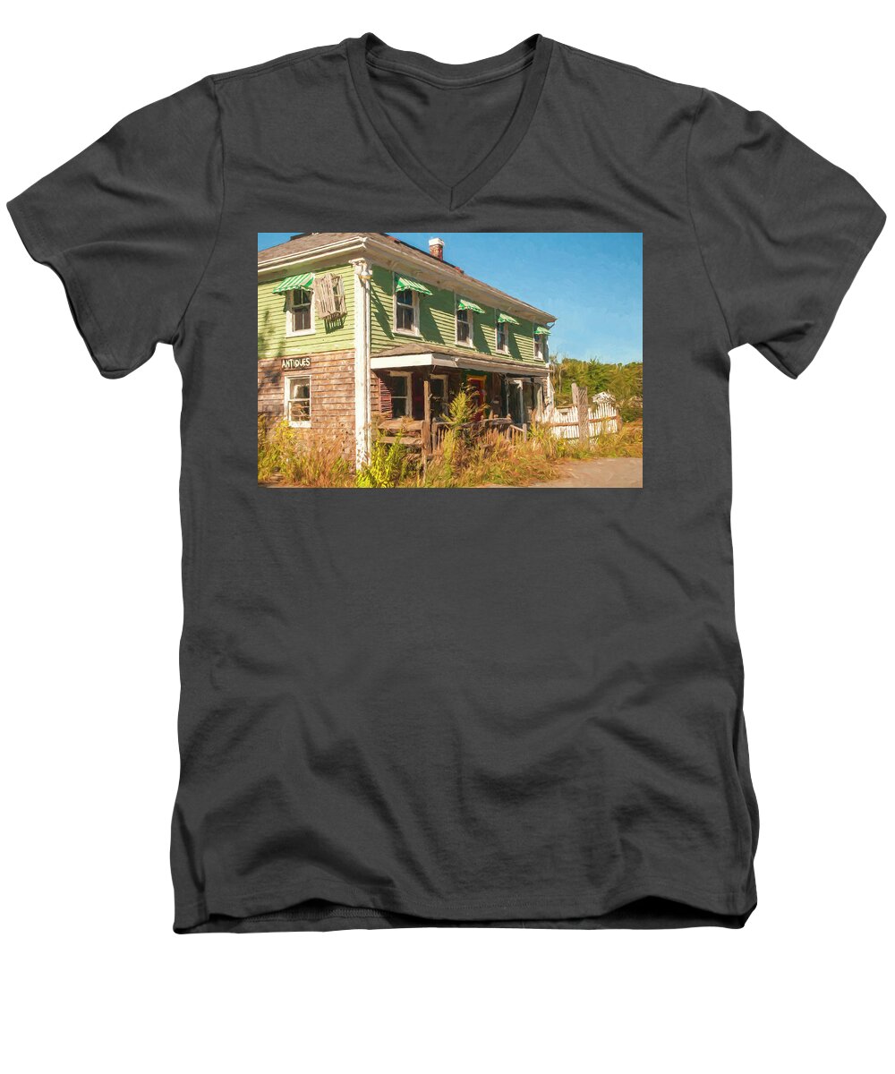 Digital Art; Searsport; Maine; Building; New England Men's V-Neck T-Shirt featuring the photograph Antiques by Mick Burkey