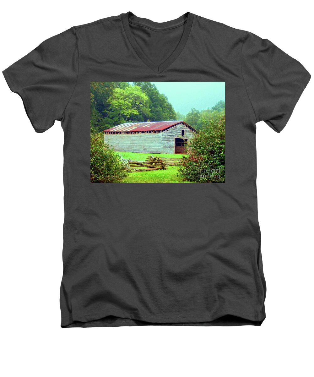 Appalachain Men's V-Neck T-Shirt featuring the mixed media Appalachian Livestock Barn by Desiree Paquette