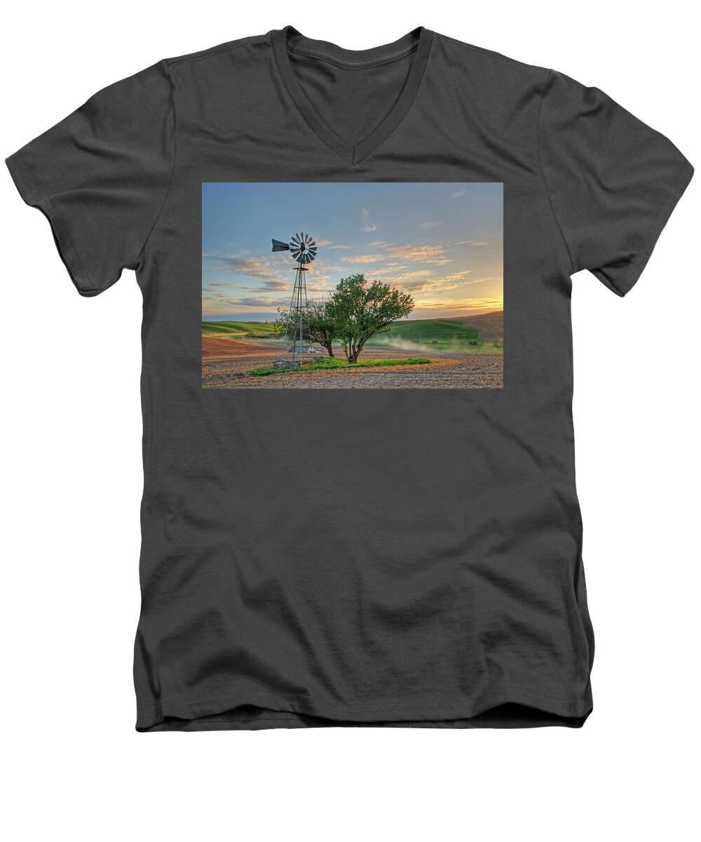 Outdoors Men's V-Neck T-Shirt featuring the photograph Spring Sunset and Windmill by Doug Davidson
